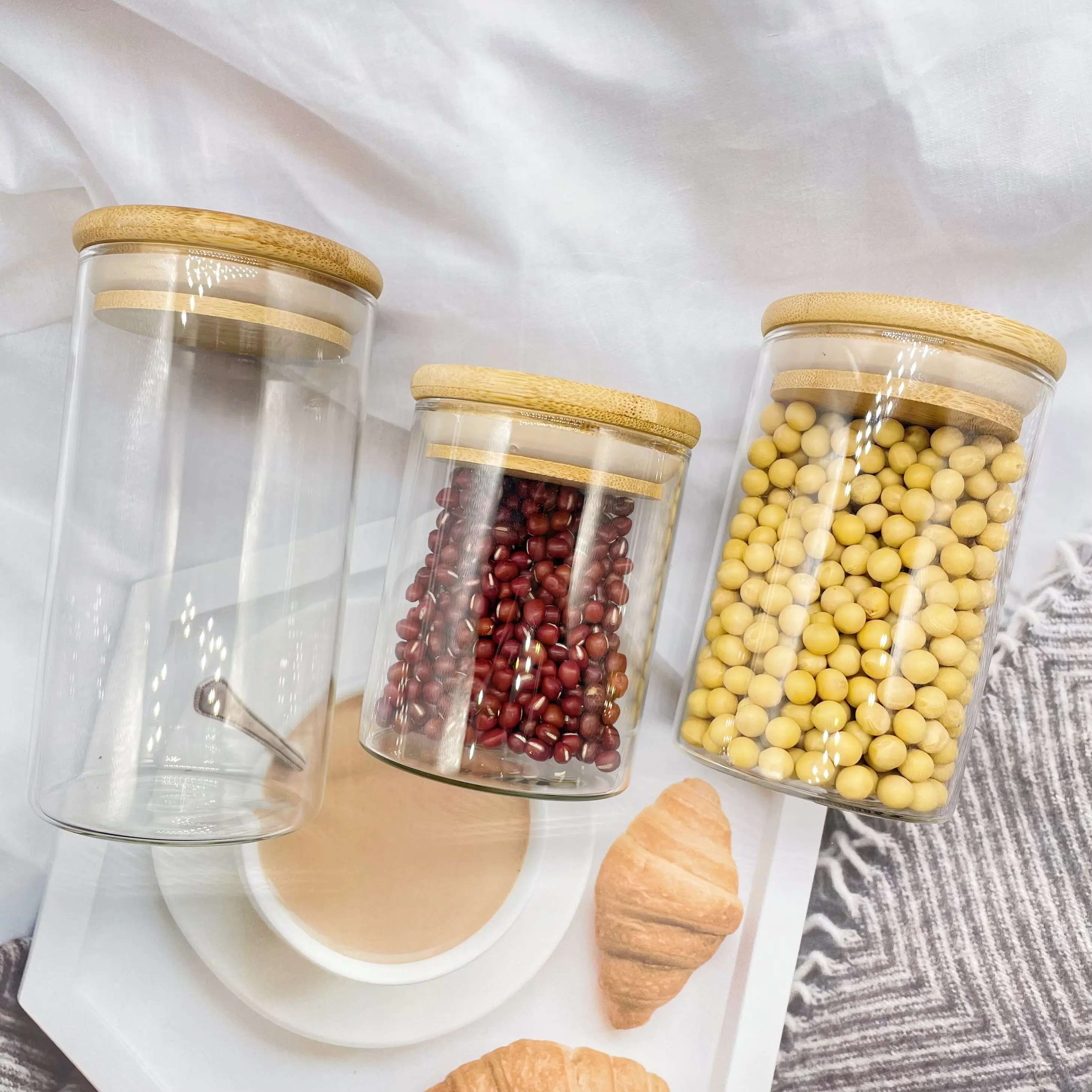 Kitchen Canisters Glass Food Storage Jars with Bamboo Wooden Lids For Sugar Candy Containers Set