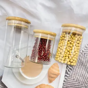 Botes de cocina de vidrio para almacenamiento de alimentos, frascos con tapas de madera de bambú para recipientes de azúcar y dulces