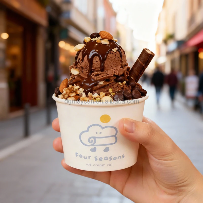 Custom Logo Printed Ice Cream Cup Frozen Yogurt Gelato Bowls Disposable Single Wall Paper Cup With Lid