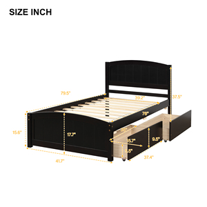 Lit plateforme double en bois massif Espresso avec 2 tiroirs, design tête et <span class=keywords><strong>pied</strong></span> de lit, lit de chambre pour enfants et adolescents - Product Image 2