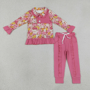 Conjuntos de Ropa para Niños al por Mayor, Conjuntos de Ropa para Niños de Primavera y Otoño, Conjunto de Blusa Rosa con Flores y Volantes para Niñas - Product Image 1