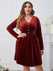 Taglie forti abito da donna di alta qualità <span class=keywords><strong>con</strong></span> scollo <span class=keywords><strong>a</strong></span> V rosso intenso abito dimagrante <span class=keywords><strong>a</strong></span> vita alta <span class=keywords><strong>a</strong></span> <span class=keywords><strong>maniche</strong></span> lunghe OEM - Product Image 3