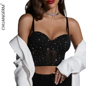 CHUANGERM OEM 2024 Hot Selling Corset Top Sexy Nightclub Sequin Fish Bone Steel Ring Perspective Sling Women's Tank Tops