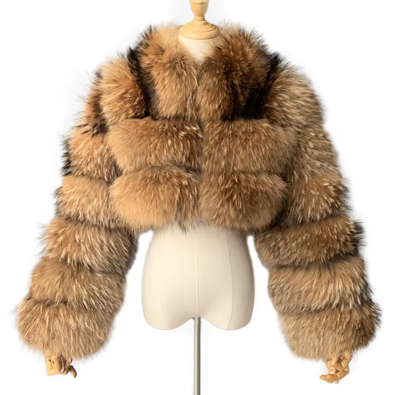 Hot Sale Women Real Raccoon Dog Fur Coat Ladies Stand Collar Long Sleeve Cropped Style Natural Raccoon Fur Jacket