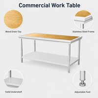 Plan de travail polyvalent à deux niveaux en acier inoxydable avec plateau en bois, revêtement auto-nettoyant et résistant aux produits chimiques pour la maison