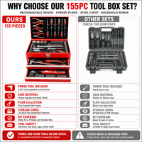 Ensemble d'outils manuels OEM robuste de 155 pièces, tournevis électrique sans fil, pinces forgées en acier à haute teneur en carbone, douilles, mallette à outils pour