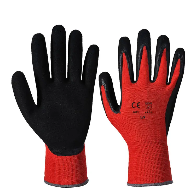 Doublure tricotée en tissu polyester rouge Revêtement en nitrile Handschuhe Guantes de Nitrilo Gants de travail enduits de nitrile noir sableux