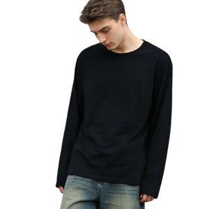 Camiseta personalizada de manga larga, 100% algodón grueso, precio bajo, TKAN1001D, color negro liso, corte holgado, estilo streetwear para hombre. - Product Image 1