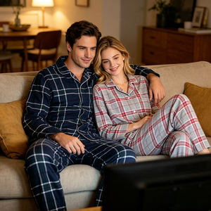 Pyjamas rayés QINGYAN pour femmes, ensemble de pyjamas en coton assortis, pyjamas pour couples, vêtements de détente à manches longues brossés pour hommes et femmes - Product Image 2
