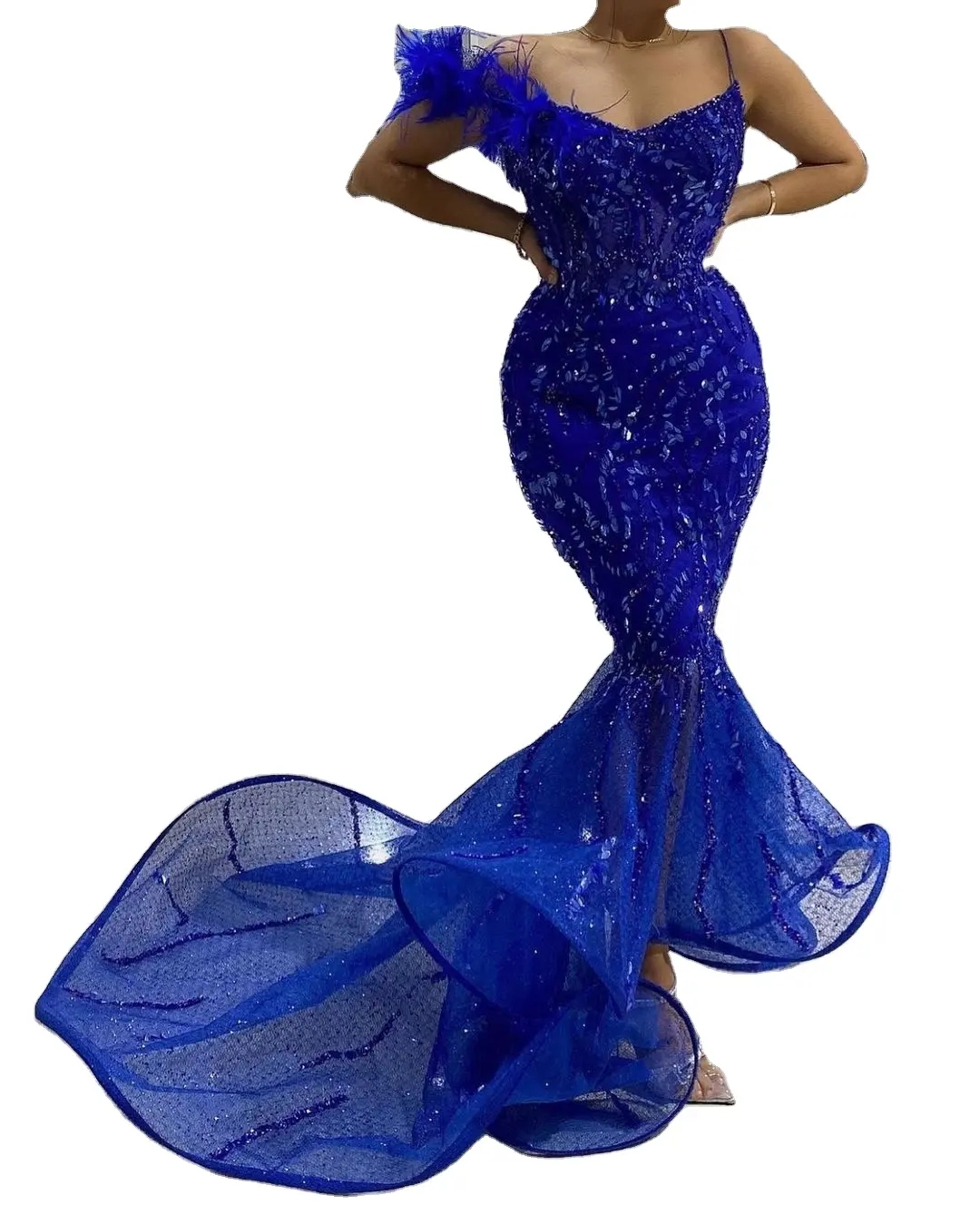 Luxo Dubai Blue Mermaid Evening Vestidos Para Mulheres Casamento Elegante Saprkly Cristais Um Ombro Preto Formal Party Gown