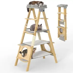 Nouveau produit conception d'échelle pliable d'arbre à chat en bois avec hamac pour chat et poteau à gratter en sisal tour pour chat haute en bois massif