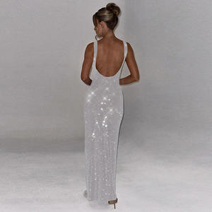 فستان سهرة طويل ماكسي بدون أكمام ومكشوف الظهر بتصميم عصري جديد لموسم الخريف للسيدات، مزين بالترتر اللامع مناسب للحفلات والنوادي - Product Image 2