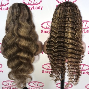 Peluca de cabello humano real para mujer, pelo lacio indio crudo resaltado marrón y Rubio atado a mano Popular con Frontal de encaje - Product Image 4