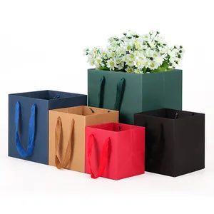 अनुकूलित व्यक्तिगत ब्रांड लोगो वर्ग कागज फूल बैग क्राफ्ट पेपर फल बैग वर्ग मोटी क्राफ्ट पेपर शॉपिंग बैग