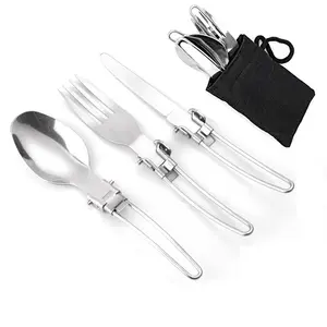 HHL-018便携式餐具野营折叠勺子叉刀3pcs旅行不锈钢餐具套装带袋