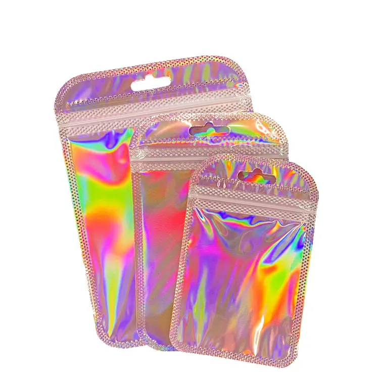 In Voorraad Custom Regenboog Holografische Ziplock Verpakking Roze Hologram Plastic Zakjes Mylar Laser Zakken Voor Cosmetische Wimpers