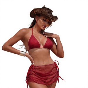 2026 New Fashion Women's Sexy Lace-Up 3pcs Bikini Set Halter Solid Color Brazilian <b>Thong</b> Swimwear Special Fabric Beachwear - Product Image 1