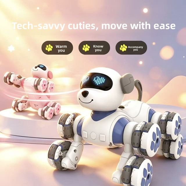 Smart Electric Plastic Remote-Control Robot Dog Eight-Wheel Stunt Pink Cute Pet Toy for Ages Kid