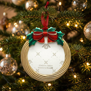 Metal <b>Christmas</b> Ornament Round Red Bow Holly Design 2.5x2.5 In Traditional Style Indoor Decor Handcrafted Finish - Product Image 3