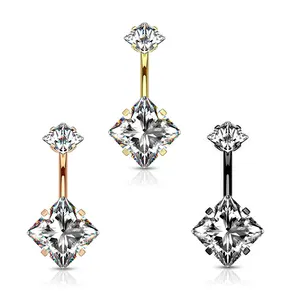 Newness 100% 316L Surgical Steel Internally Threaded Double Prong Set Square CZ Belly Button Ring body jewelry