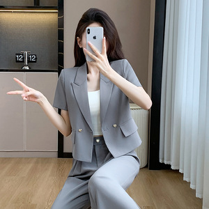 Women's Grey Suit Set Summer Thin Style Casual Short Jacket Pants Solid Color Polyester Satin Breathable No-Wrinkle Treatment - Product Image 4