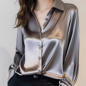 Chemise en satin français pour femmes en gros, nouvelle collection, haut de gamme, gris, acétate, manches longues, <span class=keywords><strong>chic</strong></span>, blouse professionnelle, 14 couleurs - Product Image 1