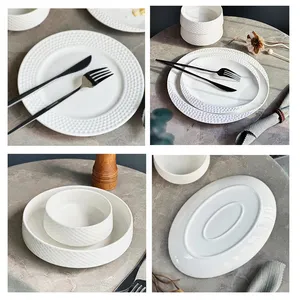 Hotel Kitchen Plates Sets Ceramic Porcelain Tableware Clay Hotel Tableware Embossed Fine Bone China Dinnerware Set