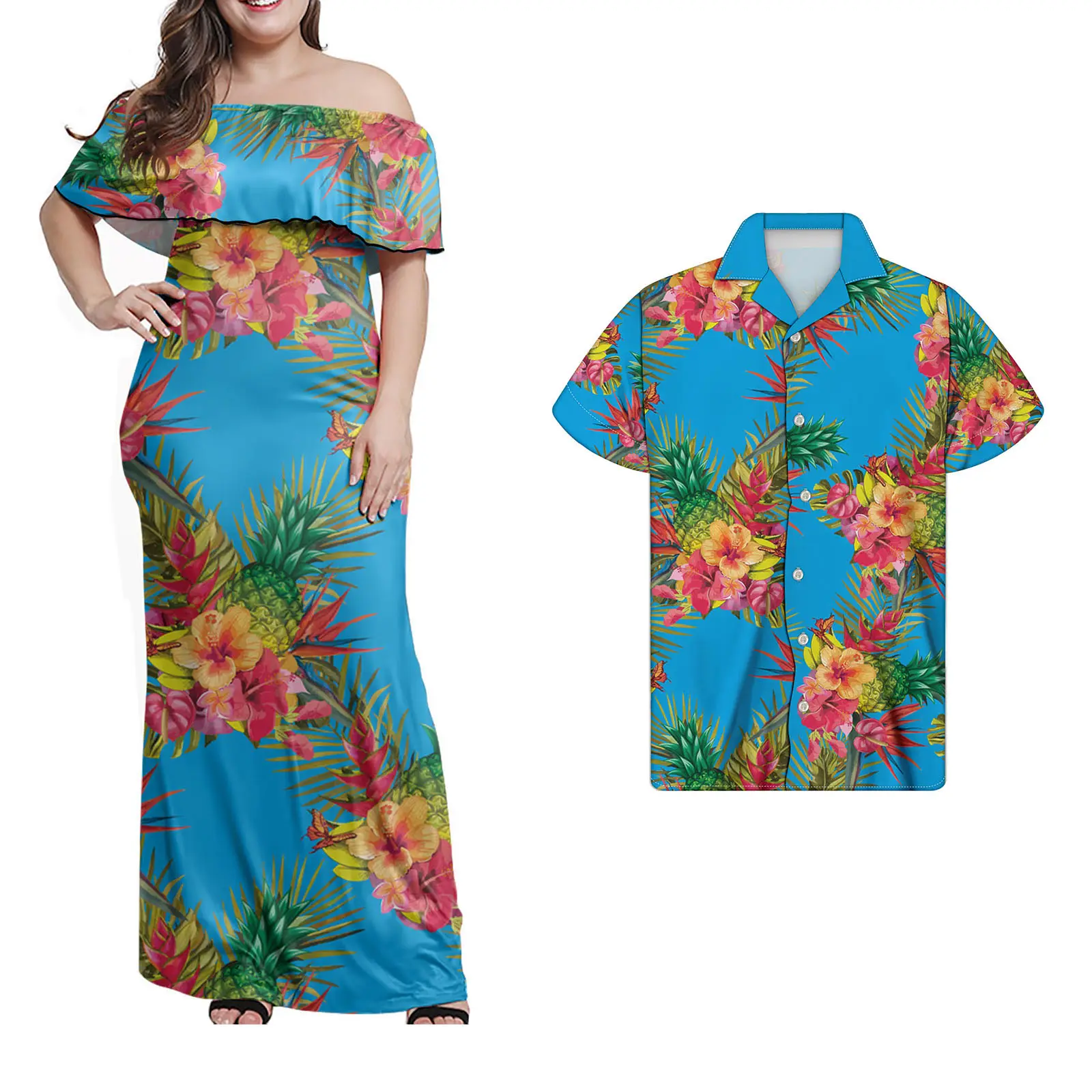 Ropa de Estilo Hawaiano para parejas, vestido de fiesta de piña y hibisco, camisas y vestidos Maxi sin hombros, verano 2022