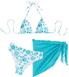 Women's 3-Piece Floral <b>Bikini</b> <b>Set</b> featuring a halter top, matching bottoms, and a chic wrap skirt for an elegant beach style. - Product Image 5