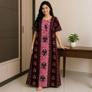 Chemise de nuit en coton de haute qualité, couleur marron, imprimé floral, col rond, manches courtes, vêtement de détente, kaftan, confort optimal - Product Image 1