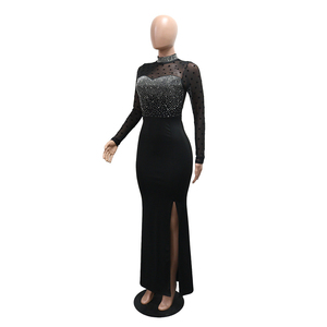 European and American Beaded Net Silk <b>Long</b>-Sleeved Patched Waist Opening <b>Skirt</b> Women's Fitted Evening Dress - Product Image 6