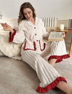 女式珊瑚绒睡衣套装休闲风格实心图案冬季保暖柔软家居服户外耐磨 - Product Image 5