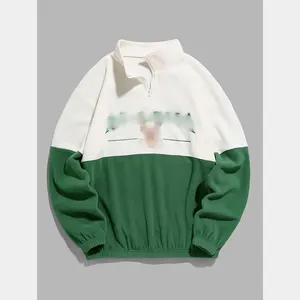 Custom Streetwear Half Zip Design ALASKA Embroidery Pullover Men Colorblock Polar Fleece Quarter Zip Sweatshirt For Men