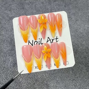 251-255 <span class=keywords><strong>Uñas</strong></span> Postizas Hechas a Mano, Diseño Floral 3D de Flores de Verano, Estilo Francés, Media Cobertura, <span class=keywords><strong>Uñas</strong></span> de Presión - Product Image 5