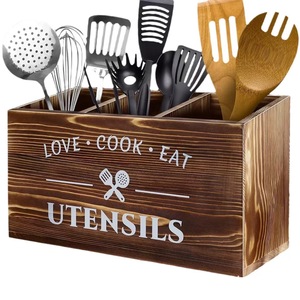 Caja de Almacenamiento de Utensilios de Madera Maciza Quemada de Estilo Vintage con Compartimentos para Organizadores de Cocina, Color Marrón - Product Image 5