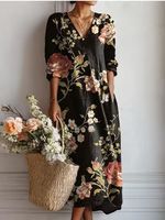 Robe Midi Bohème à Imprimé Floral pour Femme, Col en V, Manches 3/4, Coupe Ample Décontractée, en Mélange de Polyester, Coupe Trapèze, Idéale pour le Printemps