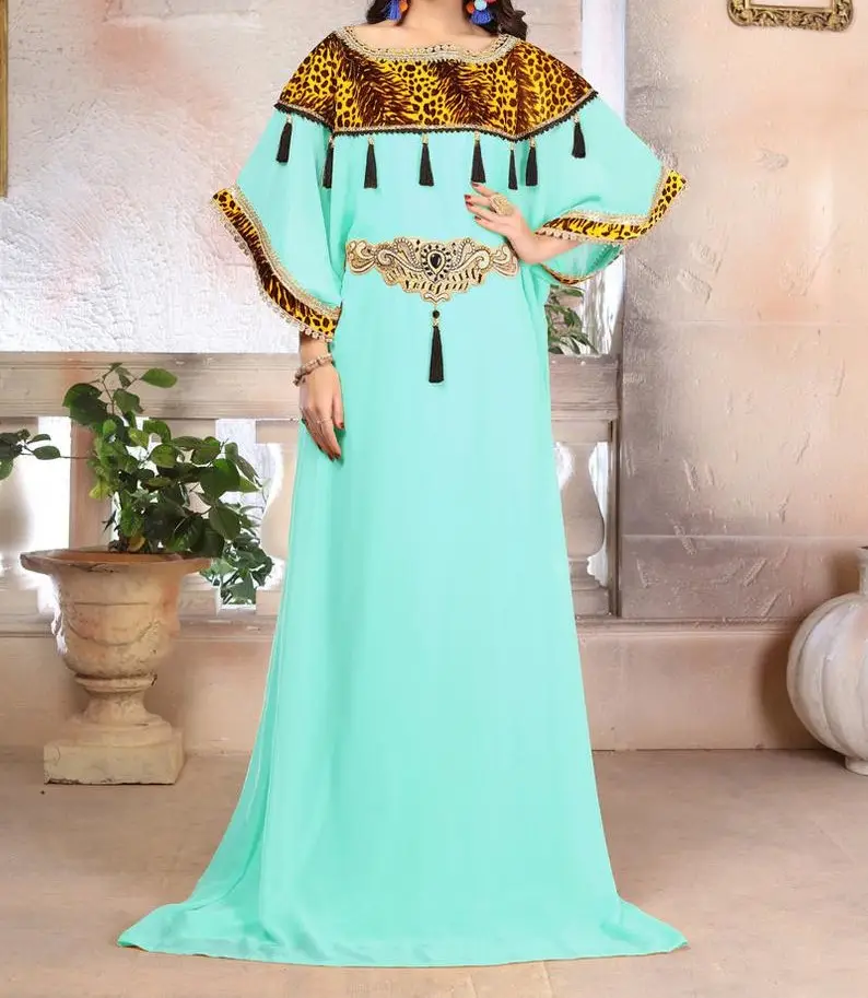 Women Stylish Printed Neck Kaftan Lace With tassel Sexy Party Wear Moroccan kaftan