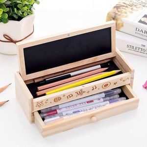 Trousse à crayons double couche en bois avec tiroir et tableau noir, organiseur de bureau pour étudiants, boîte de rangement - Product Image 1