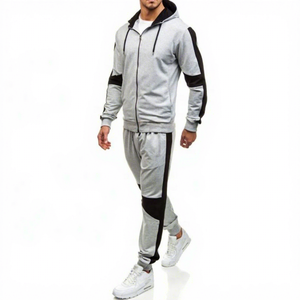 Ensemble de survêtement pour homme gris et noir à blocs de couleur, sweat-shirt à capuche entièrement zippé et pantalon, tenue décontractée d'automne avec poches latérales - Product Image 2