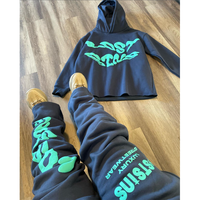 Ensemble sweat à capuche et pantalon de survêtement pour homme avec poches, coupe ample, style streetwear, imprimé en relief, effet empilé, ourlet brut, coupe évasée