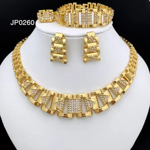 Luxo dubai jóias de casamento com 24k, banhado a ouro colar, brinco, pulseira, anel 4 peças conjuntos de jóias de fantasia
