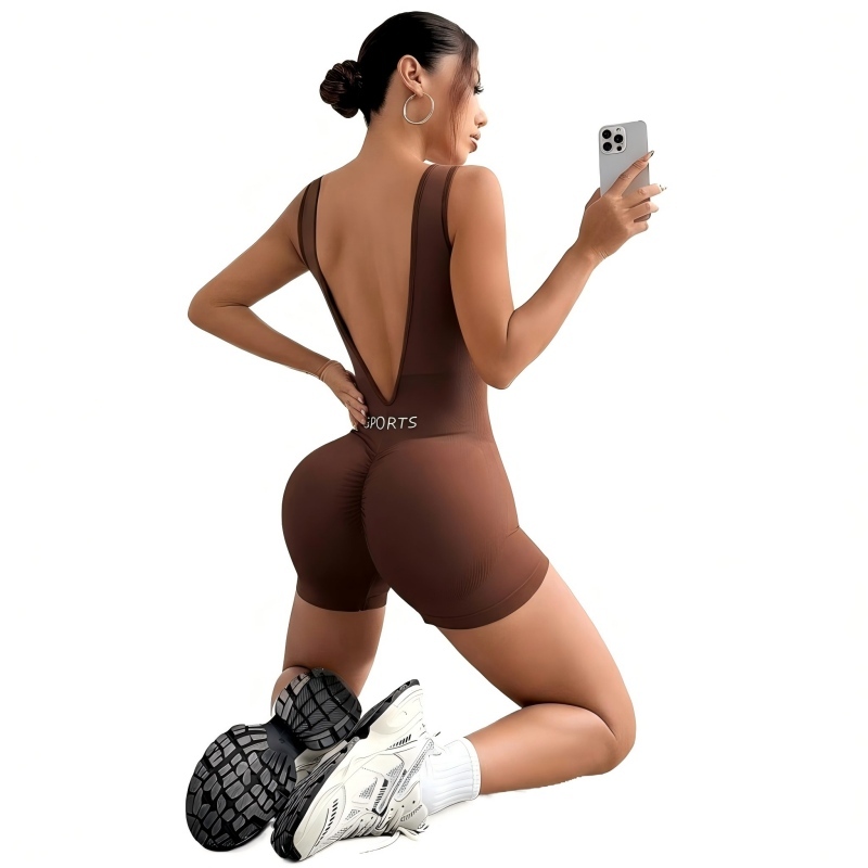 Sexy stretchy tight-fitting breathable quick-dry lift-hip yoga sports fitness workout bodysuit one-piece jumpsuit set