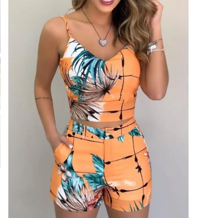YP Floral Print Elegant Two Piece Suit Women's Shorts Set Outfits Fashion Chill V Neck Tank Top Spaghetti Strap Shorts Set