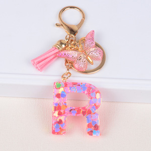 Llavero de resina con letras, colgante de mariposa y confeti de corazón colorido, borla rosa, adorno para bolso, regalo - Product Image 6