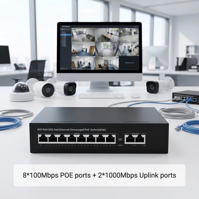 Unmanaged 1G Uplink Full-Duplex Network Ethernet Switch 5.6Gbps Capacity Suitable CCTV 250m 8 Ports 100Mbps POE Camera
