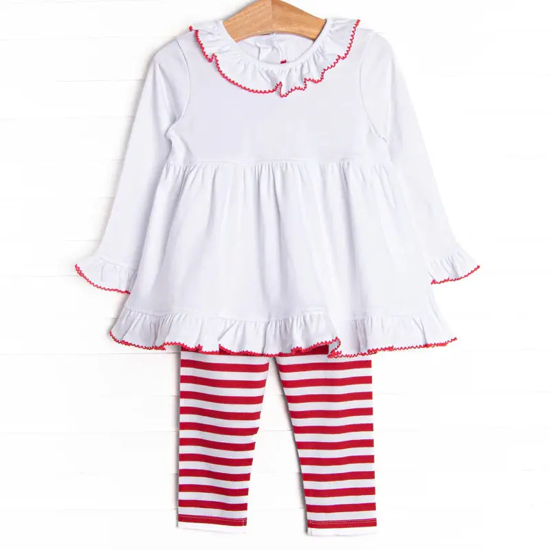 2024 printemps tenues saint valentin bébé filles vêtements ensembles robe blanche avec garniture picot rouge rayure filles legging ensemble