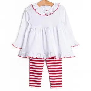 2024 spring outfits valentine baby girls clothing sets white dress with picot trim red stripe girls legging set