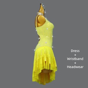 Robe de danse latine pour femme, franges, strass, costume de compétition de danse de salon, jaune, découpes asymétriques, performance scénique - Product Image 5