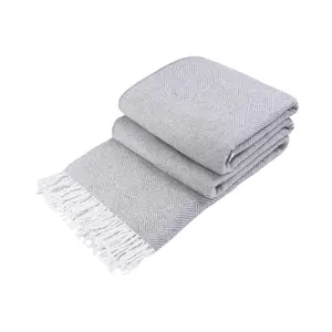 100% 纯棉编织人字保暖毯超长短纤维矩形针织动物固体植物叶图案