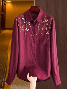 Camicette in Lino di Alta Qualità Nuova Collezione Primavera Estate 2026 <span class=keywords><strong>Camicetta</strong></span> da Donna con Colletto Rovesciato Decorazione con Perline Maniche Lunghe Blu <span class=keywords><strong>Arancione</strong></span> - Product Image 4